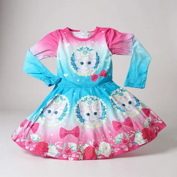 Charming Pink and Blue Cat Print Kids Dress - Picture 1 of 2